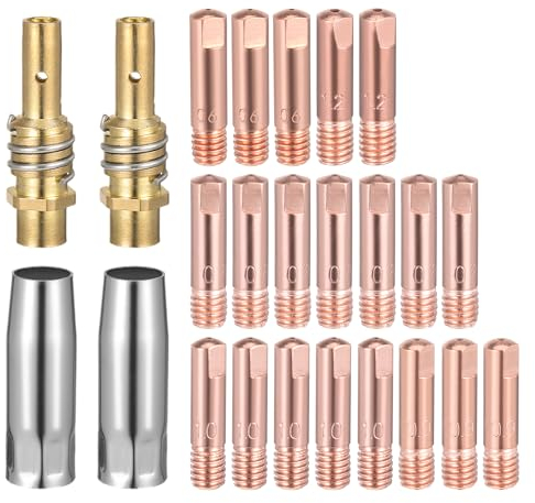 24 Stück Verschleißteile Set, Schweiß Zubehör Set mit 20 Stromdüse M6 0,6mm 0,8mm 0,9mm 1,0mm 1,2mm 2 x Gasdüse 2 x Düsenstock Schweißbrenner Verschleißteile Set passend 15AK MB15