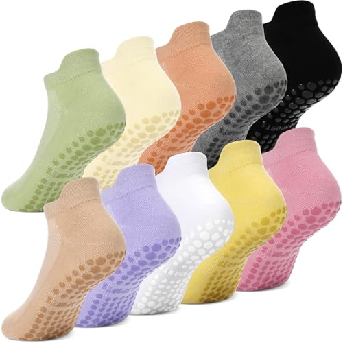 Geyoga 10 Pairs Non Slip Yoga Socks for Men Women, Anti Skid Sticky Gripper Socks for Pilates Ballet Barre & Hospital Use(Bright Color,Cute)