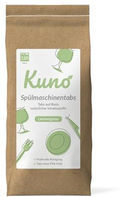 Kuno Spülmaschinentabs - 120 Tabs - Biologisch abbaubar und ohne Plastik - Effektive Reinigung - Frischer Lemongrass Duft (1er Pack, 120, stück)