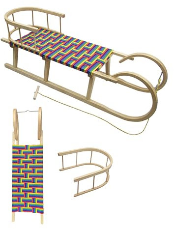 BAMBINIWELT Hörnerrodel 120 cm Regenbogendesign - Holzschlitten aus massivem Buchenholz - Hörnerschlitten mit Rückenlehne, Buntem Gurtsitz, Zugseil & Stahlkufen