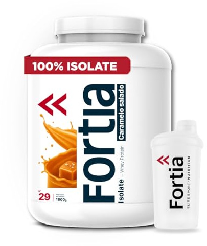 FORTIA Whey Protein Isolate 100% 39g/dosis + Shaker – Proteina Isolada de Suero Premium Hecha en España | Proteína Alta en BCAA, Leucina y Glutamina | Mejora Masa Muscular | Caramelo Salado 1800g