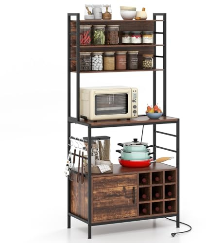 KOMFOTTEU Scaffale da cucina con presa di corrente alto 170cm, scaffale da forno in legno e telaio metallico, scaffale per microonde con ganci a forma di S e portabottiglie per vino, scaffale