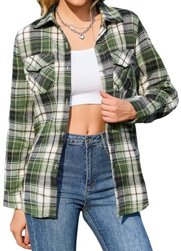 Irevial Camicia a Quadri Donna Casual Scozzese a Manica Lunga vestibilità Classica Donna Blusa Stile Boyfriend in Cotone Shirts Top Button Down S-XXL