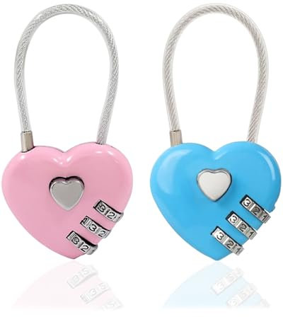 TPZORJX 2 Pièces Cadenas Code,3 Chiffres Réinitialisables Petit Valise Avion Cadenas,Cœur Câble Antivol à Combinaison,Pour Bagages,Sacs Voyage,Casiers(Rose,Bleu Ciel)