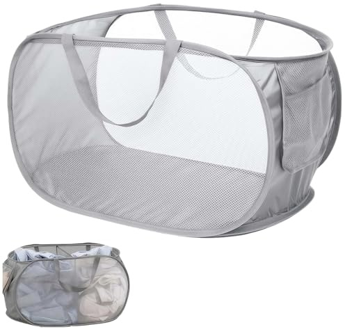1 PC Collapsible Laundry Baskets, Durable Mesh Foldable Laundry Basket Washing Basket Collapsible Foldable Washing Baskets with Handy Pocket and Reinforced Carry Handles for Home and Travel