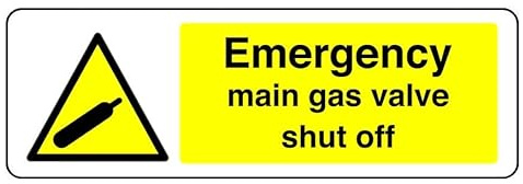 Emergency Main Gas Valve Shut Off - safety sign - 1.2mm Rigid plastic for indoor/outdoor usage (300mm x 100mm) Viewing Distance within 5m.