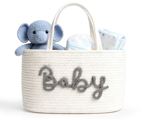 M.J COMFY-LIFE Baby Diaper Caddy Organiser,Nappy Caddy, Portable Nursery Storage Basket with Changeable Compartments,Cotton Woven Rope