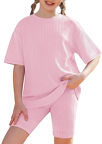 Arshiner Girls 2 Piece Ribbed Knit Summer T-Shirt and Shorts Set 7-8