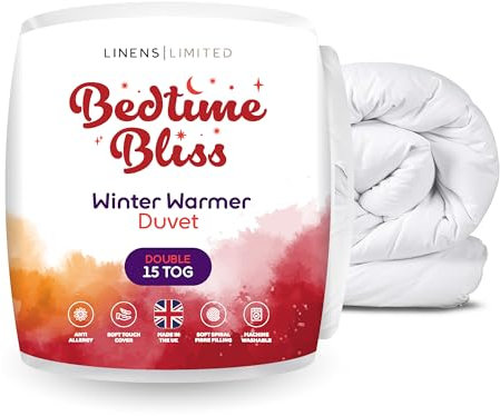Linens Limited - Double Duvet 15 Tog, Made in the UK, Bedtime Bliss, Winter Warmer Quilt, Soft and Comfy, Hollowfibre, Machine Washable (White)