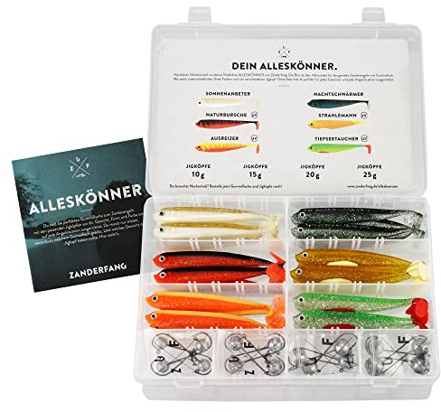 Zanderfang 40 Teile Box Gummifische mit Jigköpfen zum Zanderangeln mit Gummifisch - 24 Gummifische: 6 Farben in 12,5 cm - 16 Jigköpfe Größe 4/0 in 10-25 Gramm