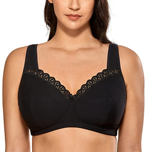 DELIMIRA Reggiseno Cotone Senza Ferretto in Pizzo Taglie Forti Morbido Senza Imbottitura Coppa Piena Nero 8B
