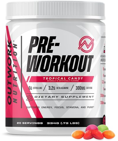 Outwork Nutrition Preworkout for Men & Women - Nootropic Pre Workout Without Creatine, Pre-Workout Powder with Taurine Rhodiola Citrulline Malate Beta Alanine Caffeine (Tropical Candy)
