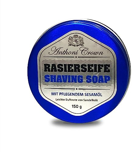 Anthoni Crown Jabón de afeitar sólido, 150 g, lata dura aproximadamente 5 meses, tamaño de viaje, con aceite de sésamo calmante, perfume casi neutro de jabón fresco, aceite de palma sostenible