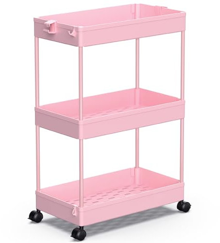 SPACEKEEPER 3 Tier Rolling Cart, Bathroom Cart Organizer with Wheels, Pink