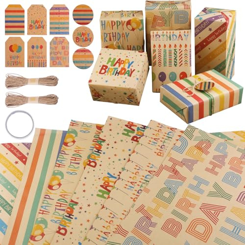 Zindoo Papier Cadeau Papier Anniversaire d'emballage avec Étiqueter et Ficelle Papier Cadeau Kraft Recyclable Papier Emballage Cadeau pour Enfant Bébé Fille Garcon Femme Homme