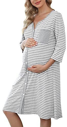 Marvmys Chemise de Nuit Allaitement Maternité 3/4 Manche Rayé Boutonnée Robe de Nuit pour Grossesse Femme 3XL