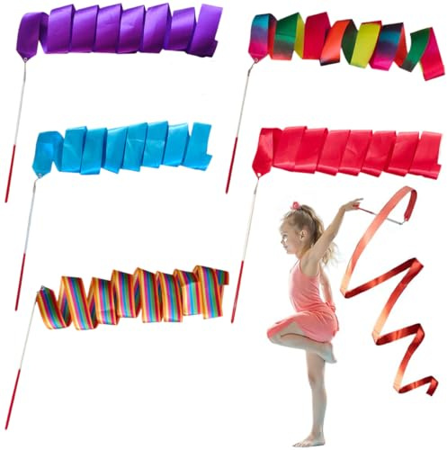 XYTAHDM 5Pcs Rubans de Danse, 2m Gymnastique Rubans de Danse Rythmique Bâton Virevoltant pour Les Spectacles, Ruban Gymnastique Enfant, adapté à l'entraînement de Danse Artistique