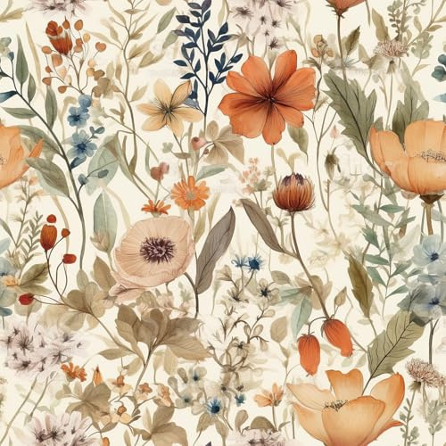 Livelynine 17.5x276 Watercolor Peel and Stick Wallpaper Boho Farmhouse Floral Earthy Blue Beige Vintage Natural Wild Flower Wallpaper for Bedroom Nursery Renter Friendly Flower Contact Paper Cabinet