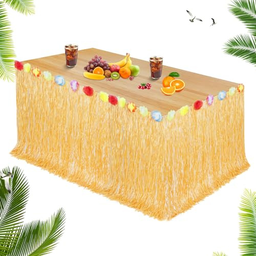 Aomig Gonna Tavolo Hawaiana, 2PZ Kit di Decorazioni per Feste Hawaiane, con Velcro, Hawaiani Decorazioni, Gonne da Tavolo in Erba per Il Partito Luau Hawaiano Decorazioni Spiaggia, 276x75 cm