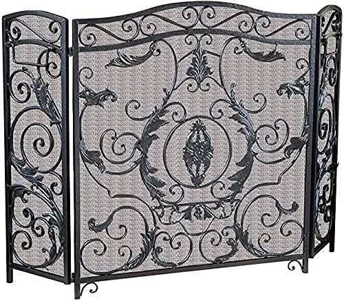 KOIAMVZW Protección contra Chispas Diseño Floral Negro Adornado Malla De Pantalla para Chimenea De Hierro, Pantallas Protectoras contra Chispas De Seguridad contra Chispas De 3 Paneles para Fuego