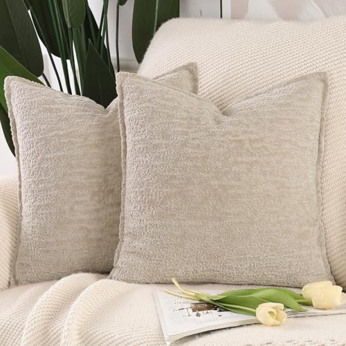 Madizz Pack of 2 Chenille Velvet Cushion Covers 45x45 cm Light Taupe Soft Neutral Decorative Throw Pillow Covers Accent Boho Pillowcases for Couch Sofa Modern Farmhouse Home Decor