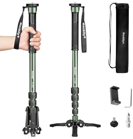 Manbily A-222 Camera Monopod with Feet, 5 Sections, 170cm, Max Load 7kg, Monopods for Cameras Extendable Portable Travel Aluminum for DSLR Canon Nikon Sony Video Camcorder (Olive Green)