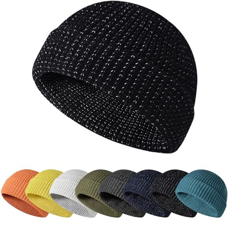 Enwokran Stickad mössa, vinter, varm elastisk mössa, reflekterande mössa, kantlös mössa, sportmössa, vindtät, cykelmössor, löpning, reseklocka, hatt, svart, One size