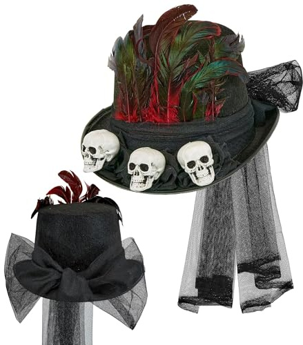 W WIDMANN MILANO Party Fashion - Chapeau haut-de-forme avec tête de mort et voile, noir, pour adultes, accessoire pour costume de prêtre vaudou ou de chaman