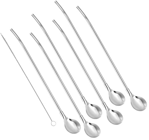 6 cucharas de paja para beber con cepillos de limpieza, cuchara agitadora de cóctel, cuchara de mango largo, herramienta de agitación de acero inoxidable, pajita de metal
