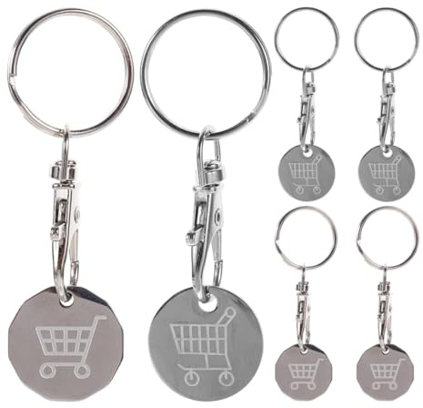 HEALEEP Stainless Steel Shopping Cart Token Keychain 6pcs Set with Classic 12-sided Metal Trolley Coins Portable Key Ring for Supermarket Use