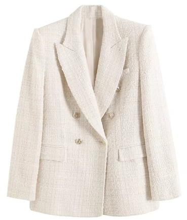 Chaqueta de tweed a cuadros con cuello de muesca para mujer, chaqueta de manga larga con doble botonadura, blanco, M