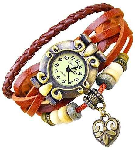 Kim Johanson® Damen Armbanduhr in Braun | PU Leder Armband | Analog | Quarz | Mit Herz Anhänger | Verstellbare Länge | Uhr für Frauen und Mädchen inkl. Schmuckbeutel