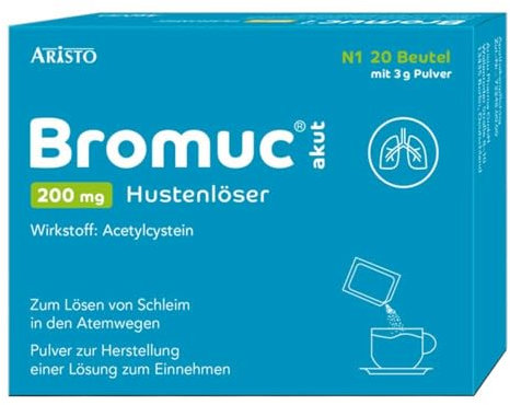 Bromuc akut 200 mg Hustenlöser 20 Beutel - Verflüssigt zähen Schleim und erleichtert das Abhusten bei Atemwegserkrankungen - Schnelle Hilfe für Erwachsene und Kinder ab 6 Jahren