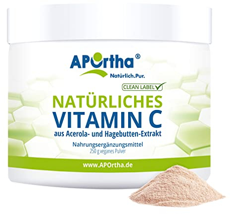 APOrtha natürliches Vitamin C hochdosiert I 250 g Vitamin C Pulver vegan aus Acerola-Extrakt und Hagebutten-Extrakt I hochdosiertes natürliches Vitamin C Acerola Vitamin C