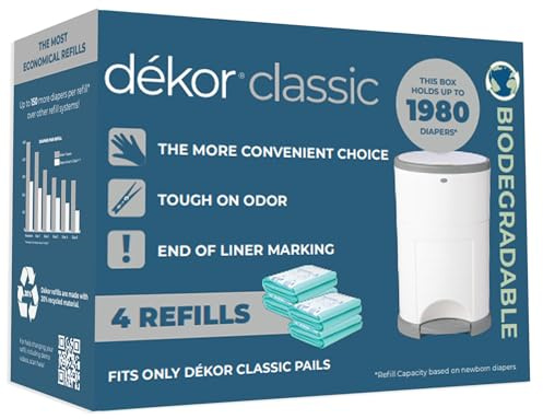 Diaper Dekor Classic Diaper Pail Biodegradable Refills | 4 Count | Most Economical Refill System | Quick & Easy to Replace | No Preset Bag Size Use Only What You Need | Exclusive End-of-Liner Marking