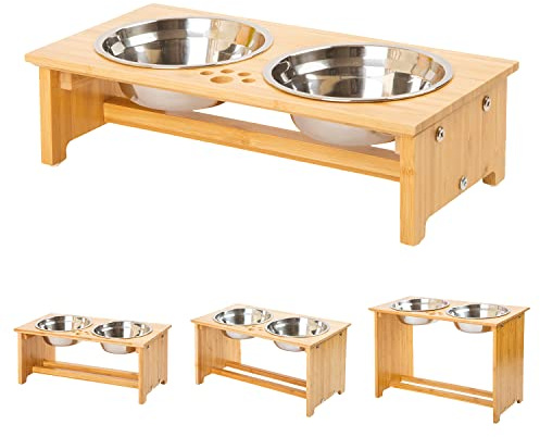 FOREYY Ciotole alzate per Cani e Gatti per Cibo in bambù Elevated Stands Piatti per mangiatoie con 2 Ciotole in Acciaio Inox e Piedini Antiscivolo (S)