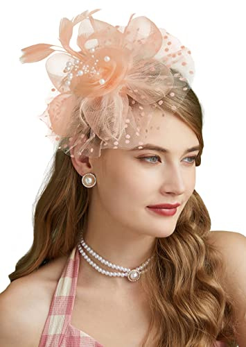 Cizoe Fascinators Hat for Women Tea Party Headband Kentucky Derby Wedding Flower Cocktail Mesh Feathers Hair Clip(1-Champagne)