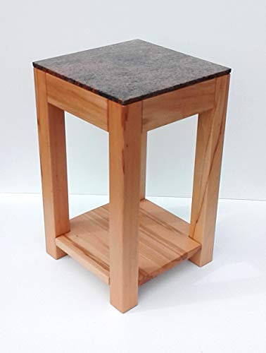 Martin Weddeling Taburete para flores, mesa auxiliar, madera de haya maciza, con estante + granito multicolor rojo. Dimensiones: 30 x 30 x 58 cm de alto.