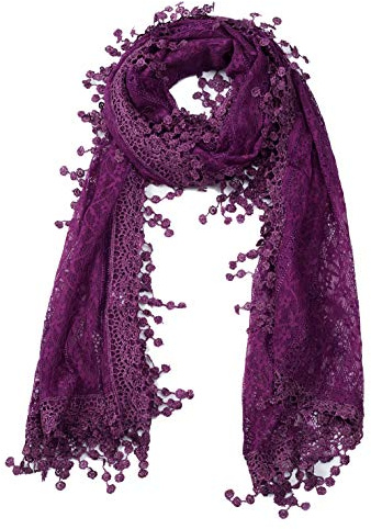 Women's lightweight Feminine Lace teardrop fringe Vintage Mesh Crochet Tassel Scarf for Women (American Purple with Fringes)