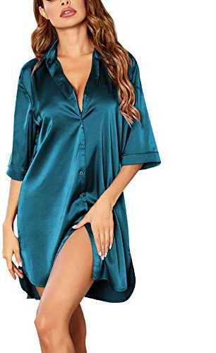 Ekouaer Women Button Down Sleep Shirt Satin Night Shirts Half Sleeve Sleepwear Soft Lightweight Nightgown Peacock Blue M