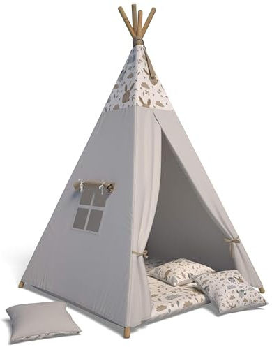 Best For Kids Tente Tipi | Tente de Jeux Enfant avec 3 Coussins Moelleux | Tipi Enfant Interieur Durable pour Chambre en Coton Naturel | Tente Indienne avec fenêtre Enroulable et volet Roulant