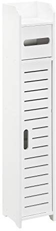 [en.casa] Mobile Contenitore da Bagno con Scomparto Porta Rotolo Carta Igienica Mobiletto Salvaspazio da Terra a Colonna a Anta e Ripiani Vani Chiusi 80 x 15 x 15 cm - Bianco