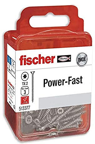 fischer Power-Fast - caja de tornillos especiales para madera 4x30mm, para atornillado de maderas, conexión de maderas macizas o fijación de piezas a la madera,15 ud