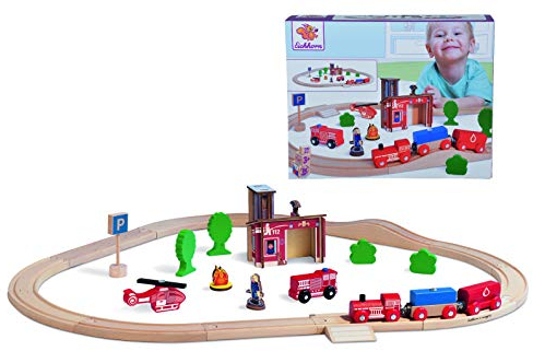 Eichhorn Bahn - Bahnset Feuerwehr, Schienenbahn aus FSC 100 Prozent zertifiziertem Buchenholz, 29 teiliges Set aus Schienen, Zug mit Wagons, Feuerwehrstation mit Auto, Helikopter, ab 3 Jahren