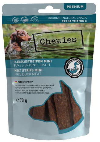 Chewies Fleischstreifen MINI Hundeleckerli aus 100 % Entenfleisch - 70 g - Snack für kleine Hunde - luftgetrocknete Enten Kaustreifen - hypoallergen & getreidefrei - Dörrfleisch von der Ente