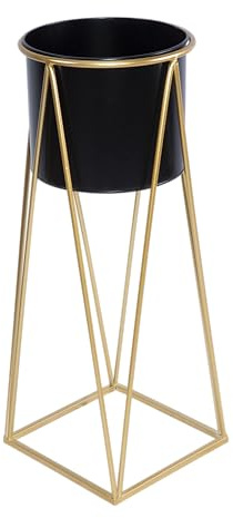 green leaves Metal Planter Stand with Plant Pot Flower Pot for Indoor Balcony Flower Rack (Black, Large)