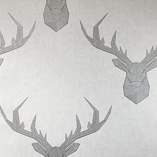 Geometric Stag Glittery Wallpaper in Blue Grey and Beige Smooth Finish