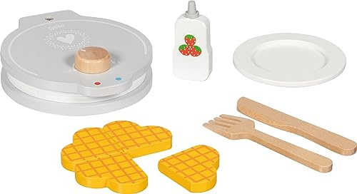 goki 51532 Piastra per waffle in legno con accessori - Set da cucina e caraffa per bambini con cialde, sciroppi e stoviglie per cucina delle bambole