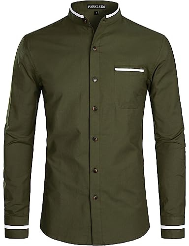 PARKLEES Chemise Oxford pour homme avec col grand-père et design hipster, coupe ajustée à manches longues, style décontracté boutonné avec poche, XXL