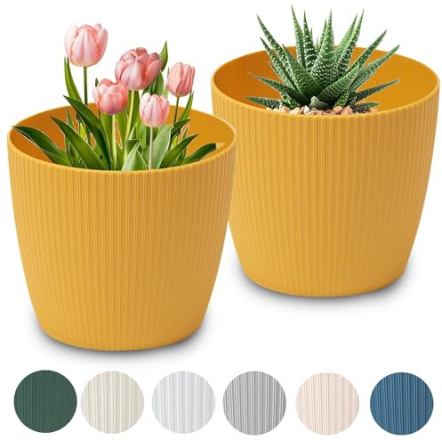 PECZEKO Maceta mate, macetero sobremaceta de plástico, maceta decorativa para plantas grandes, set de 2 maceteros, macetero para hierbas, (2 unidades) mostaza, ø 19 cm